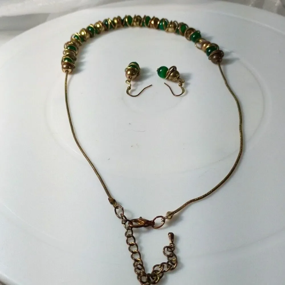Chunky Green Glass Bead Layered Necklace & Matching Dangle Earrings Set